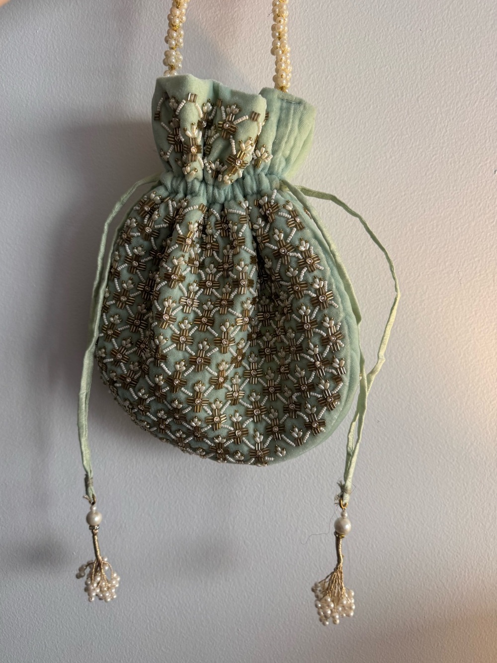 Vintage Embellished Mint Pearl-Handle Drawstring Bag